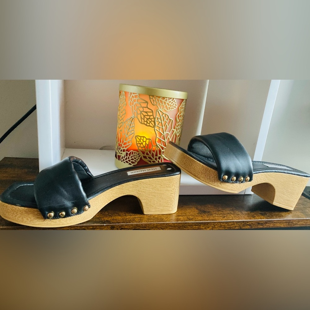Black Leather Women's Slide In Sandals